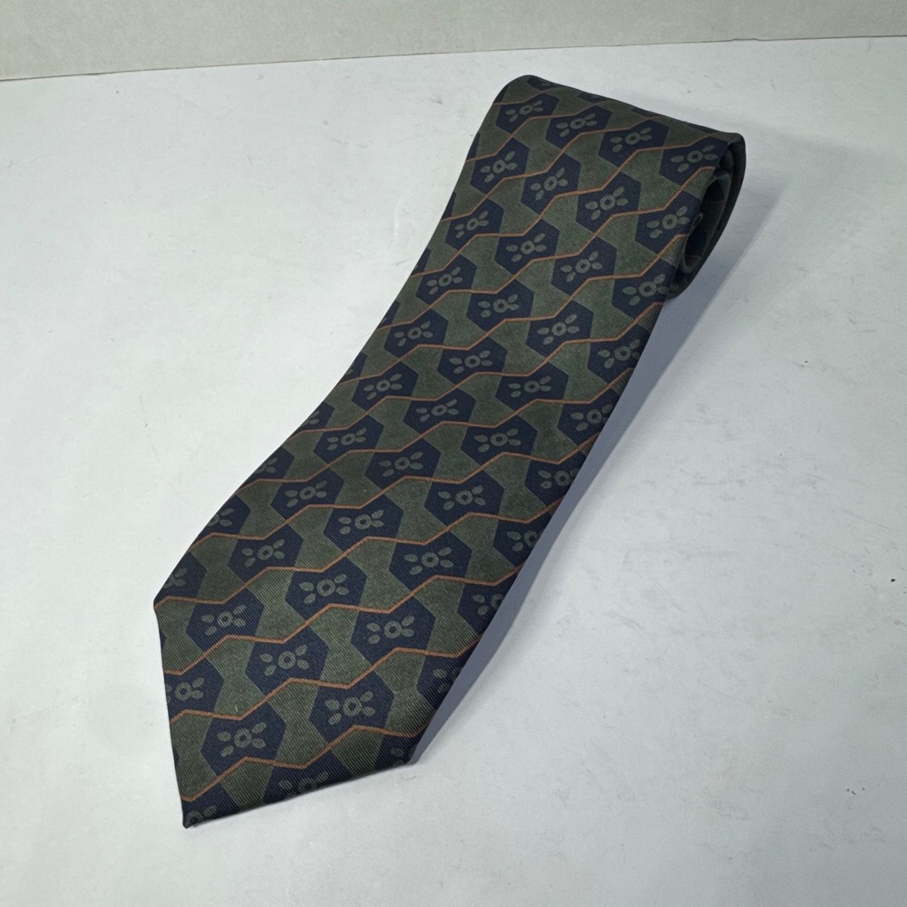 Vintage Giorgio Armani Men's Silk Necktie Green Blue Navy Geometric Classic 1980
